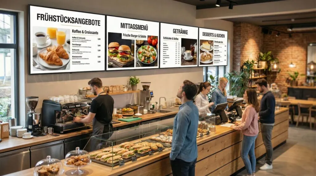 Digitale Menüboards über der Theke eines Cafés