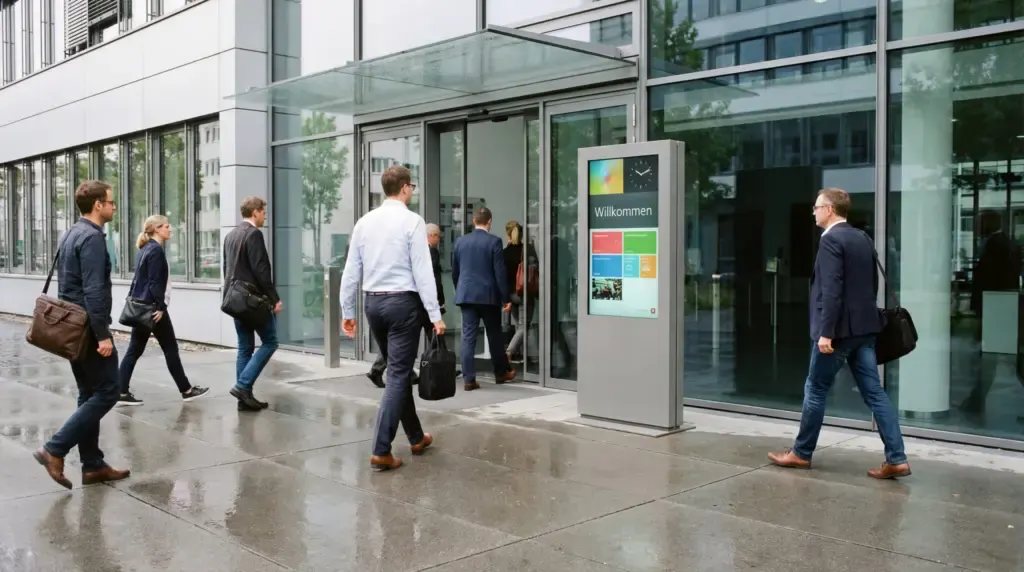 Digitale Stele vor dem Eingang eines Bürogebäudes