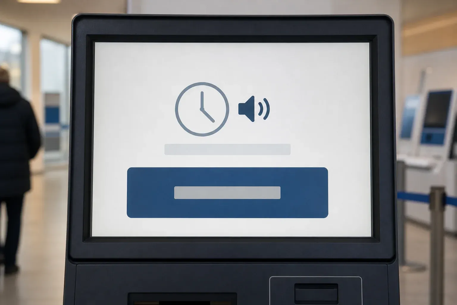 Terminal-Bildschirm mit Uhr- und Lautsprechersymbol und einer großen Schaltfläche, im Hintergrund weitere Terminals