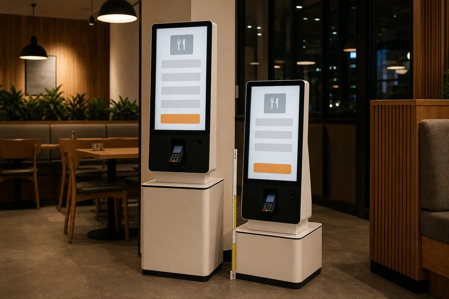 Zwei gleich gestaltete Bestellterminals nebeneinander in einem Gastraum am Abend, eines auf einem niedrigeren Sockel, dazwischen ein Maßstab