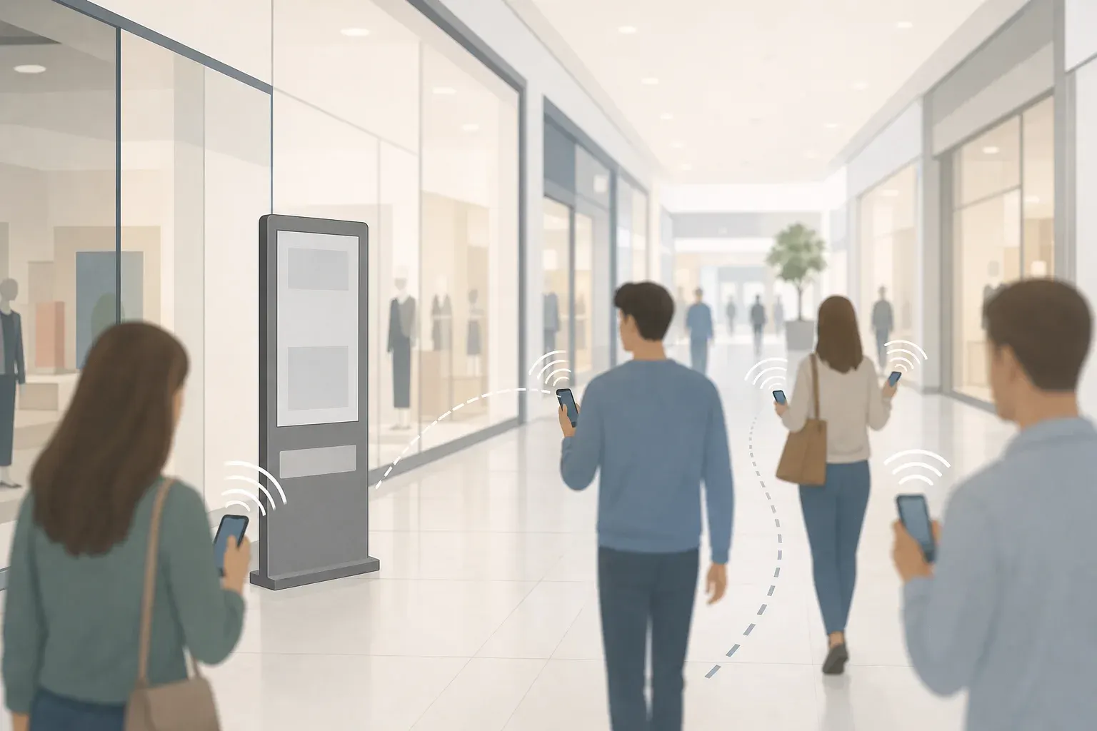 Illustration eines Ladengangs mit Info-Stele, davor Personen von hinten mit Smartphones, von denen stilisierte Funkwellen ausgehen