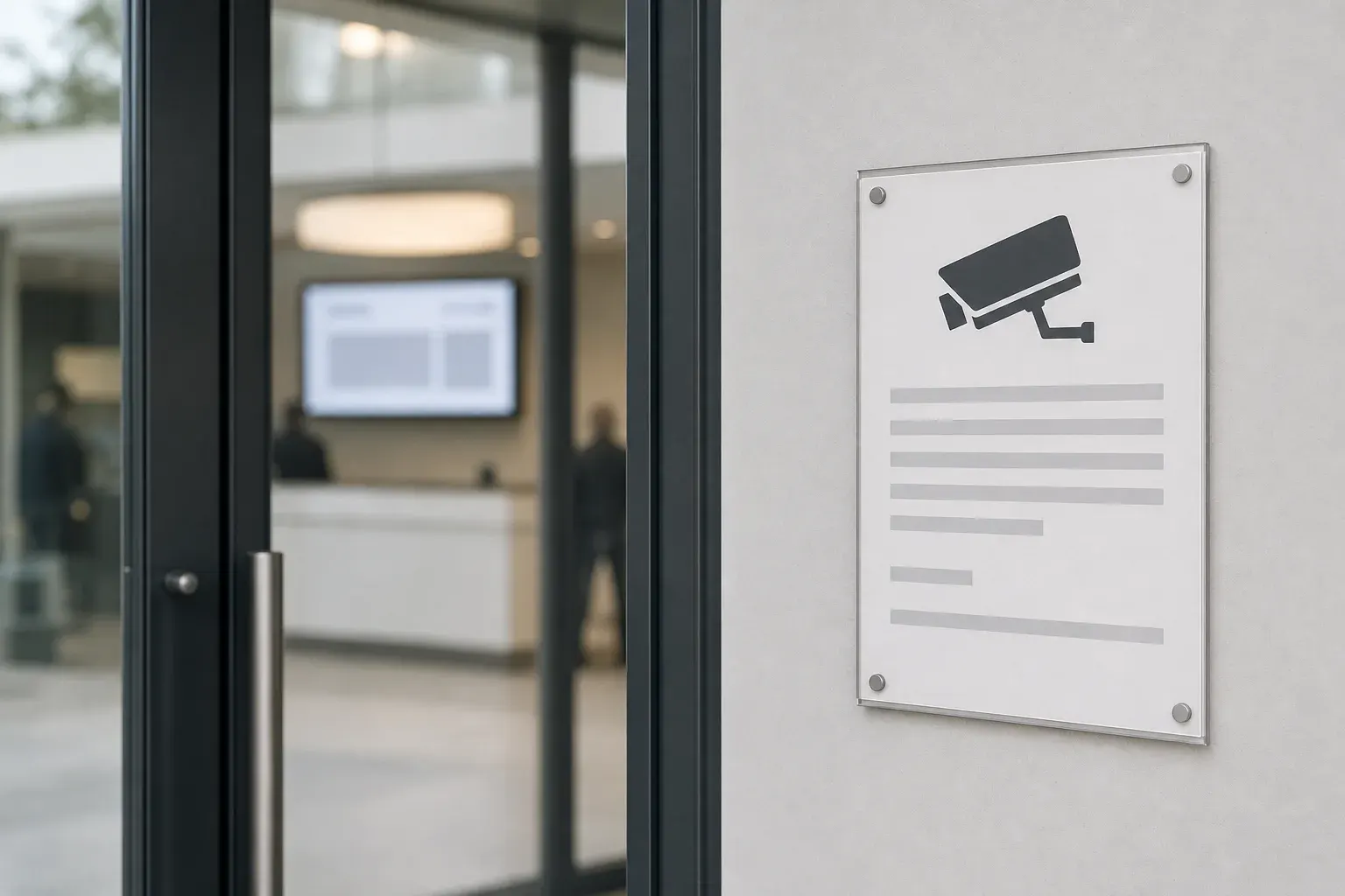 Hinweisschild mit Kamerasymbol und Platzhaltertext an der Wand neben einer Glastür