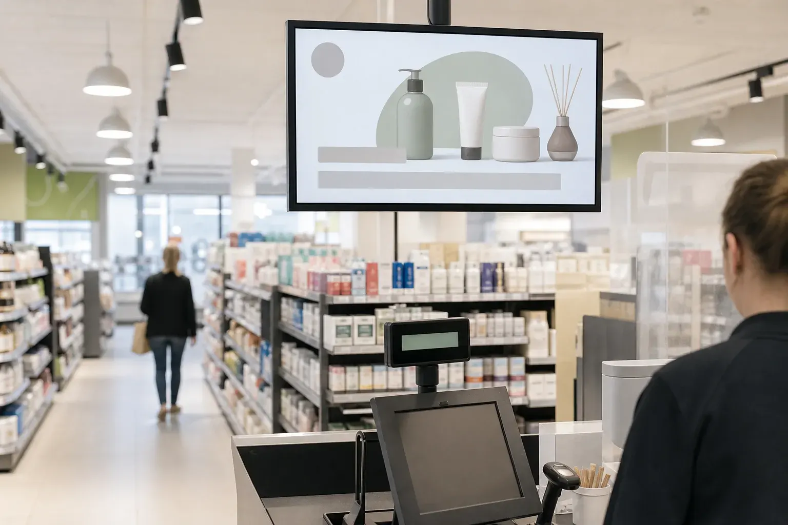Kassenbereich in einem Drogeriemarkt mit Bildschirm über der Kasse, im Gang eine Person von hinten