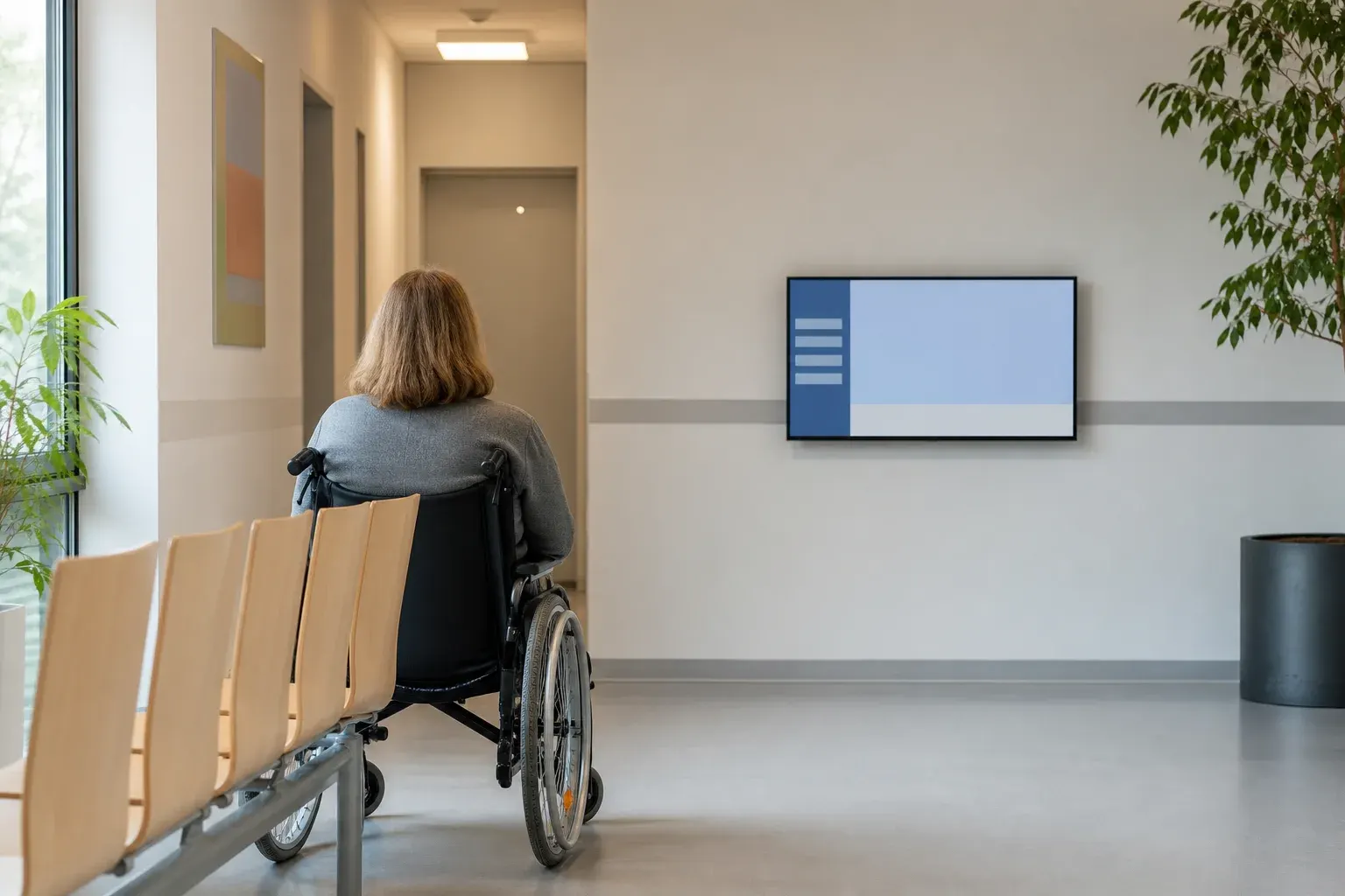 Wartebereich mit Stuhlreihe, eine Person im Rollstuhl von hinten, an der Wand ein Bildschirm in Sitzhöhe