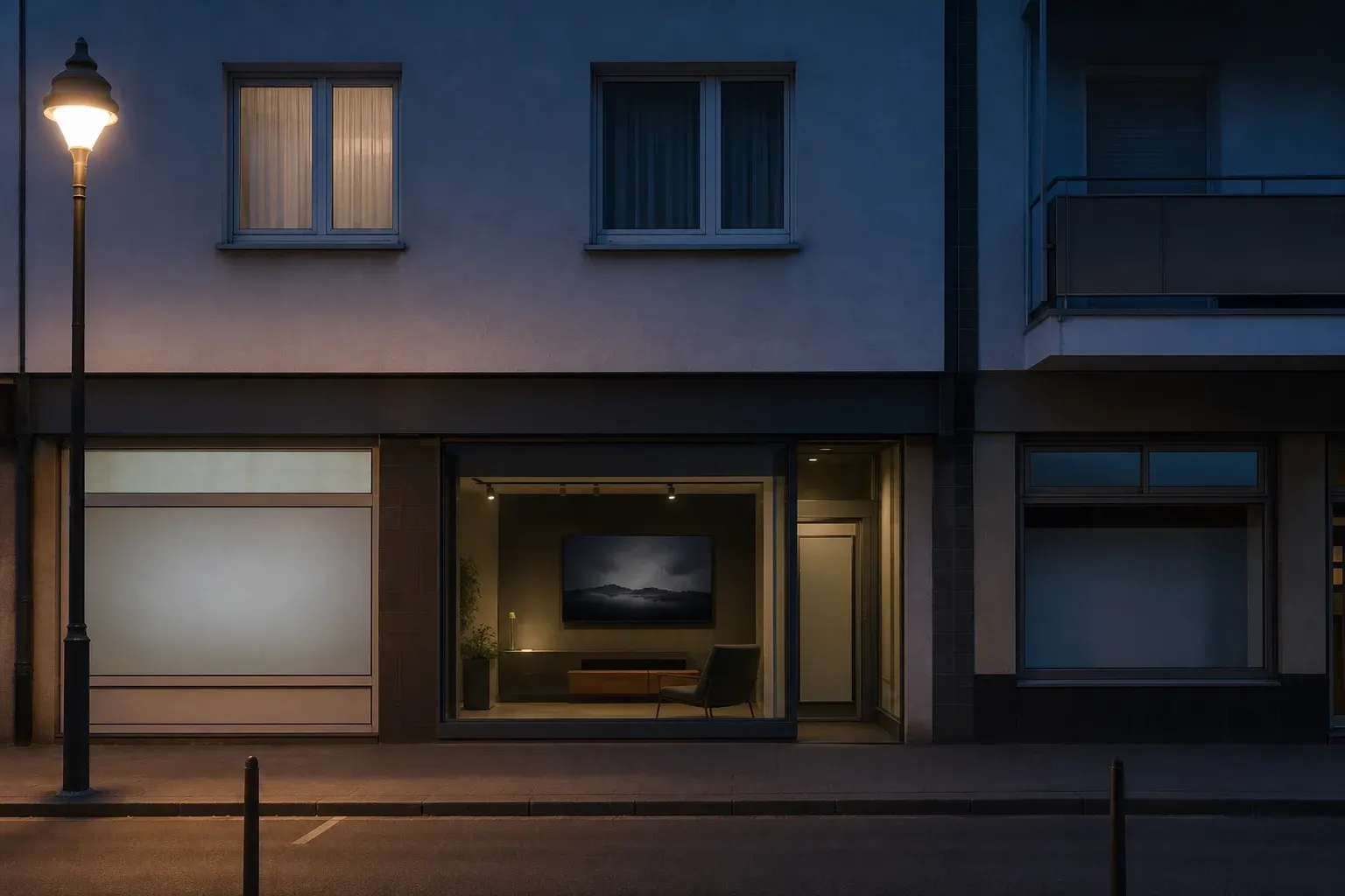 Ladenzeile am späten Abend mit beleuchtetem Schaufenster, in dem ein Bildschirm mit ruhigem Landschaftsmotiv hängt