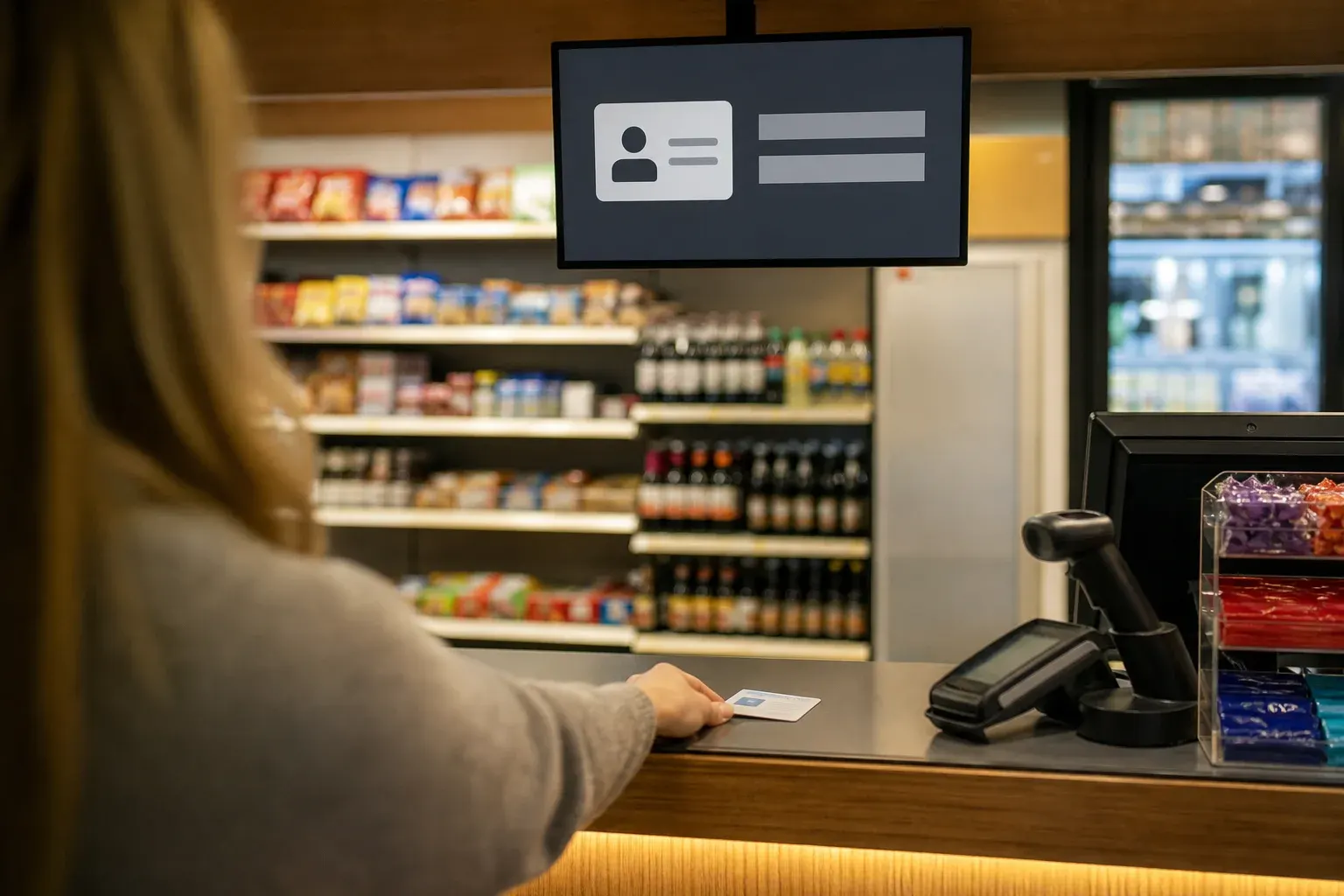 Kasse eines kleinen Shops mit Bildschirm darüber, eine Person von hinten legt eine Karte auf die Theke
