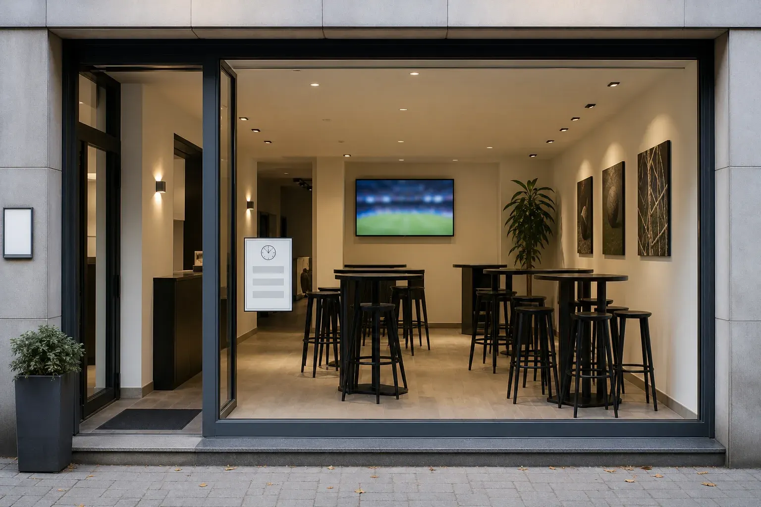Ladenlokal mit großer Glasfront, innen Stehtische, ein Fernseher an der Wand und ein Aushang neben dem Durchgang