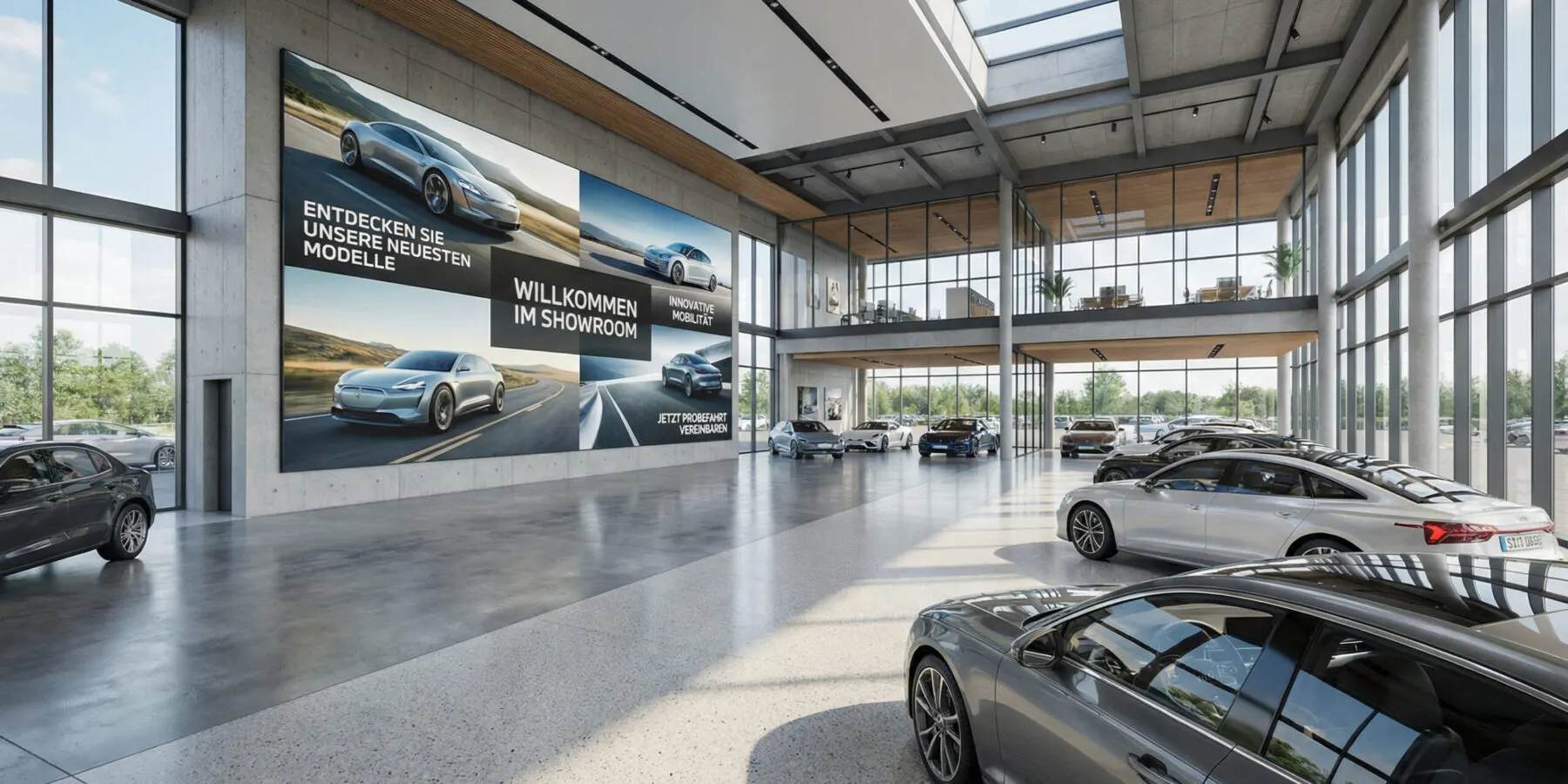 Große LED-Fläche im Verkaufsraum eines Autohauses
