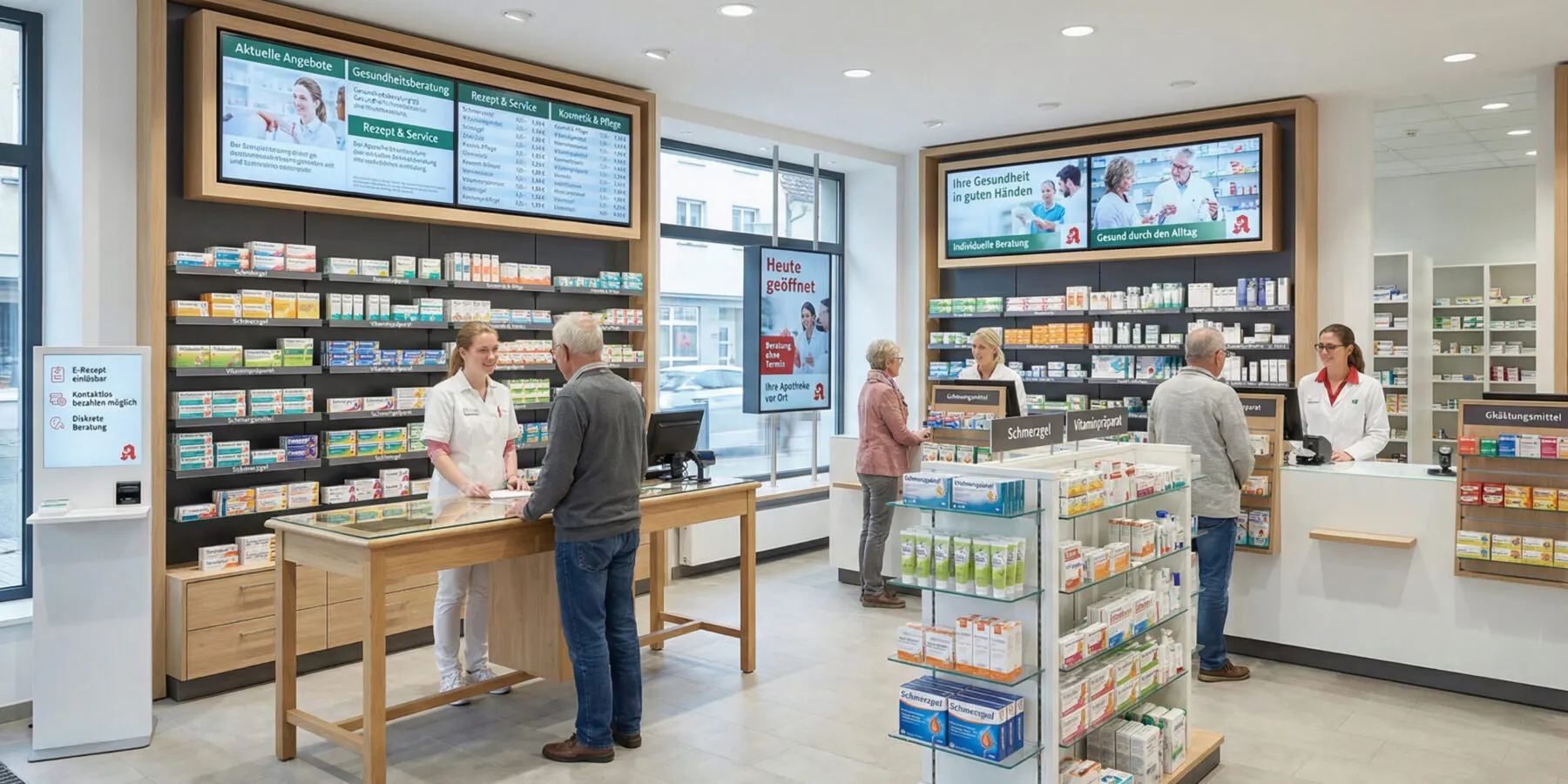 Bildschirme über dem Verkaufstresen einer Apotheke