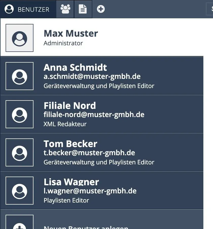 Benutzerverwaltung mit Beispielkonten und ihren Rollen