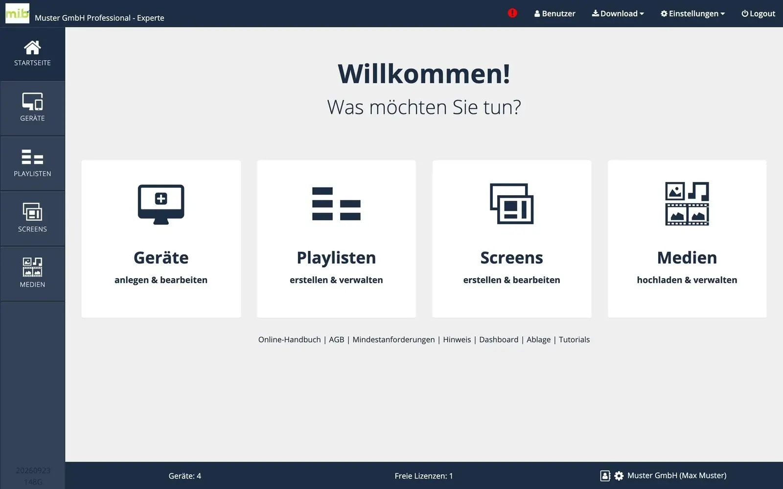 Startseite der PIN-Oberfläche mit den Bereichen Geräte, Playlisten, Screens und Medien