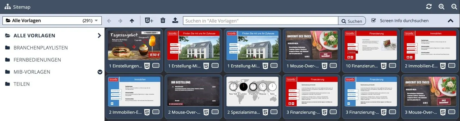 Vorlagen-Bereich mit fertigen Screens für Tagesangebot, Immobilien und Uhren
