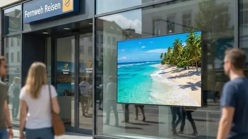 Schaufenster eines Reisebüros mit einem großen Angebotsbildschirm