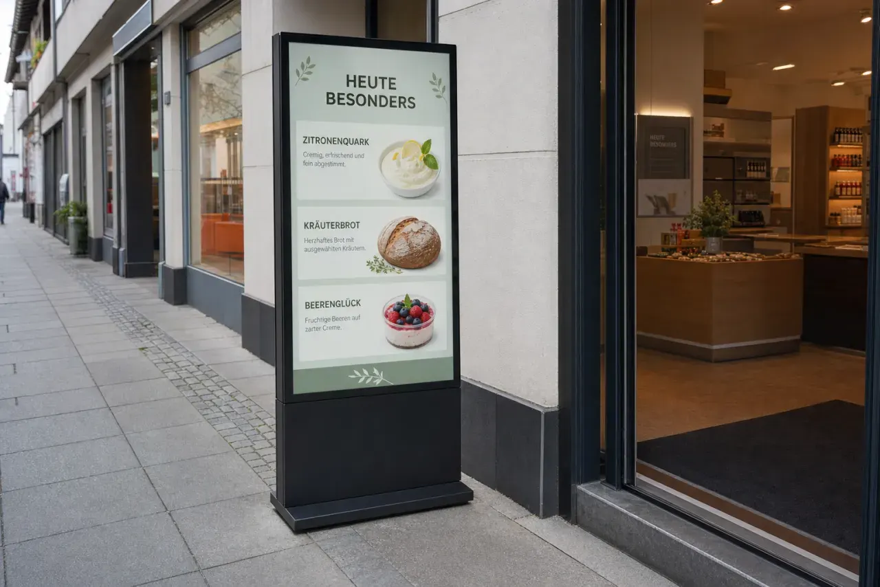 Digitaler Kundenstopper im Hochformat auf dem Gehweg vor einem Ladeneingang, auf dem Bildschirm ein Tagesangebot mit Fantasietext