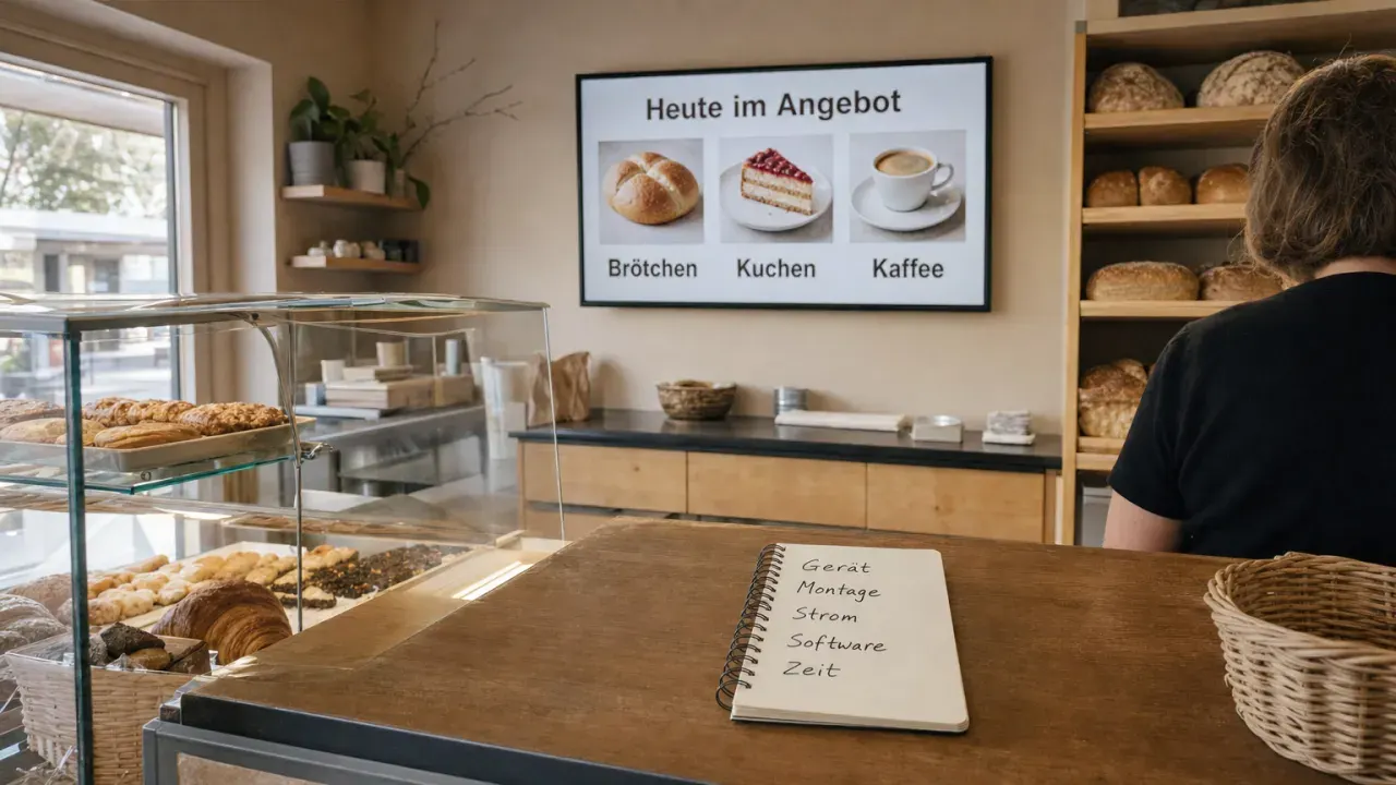 Kleiner Laden oder Café am Vormittag: Blick über den Verkaufsraum zur Theke, an der Wand ein Bildschirm mit einem schlichten Angebotslayout, vorne auf der Theke ein Notizblock mit einer handschriftlichen Aufstellung von Gerät bis Zeit