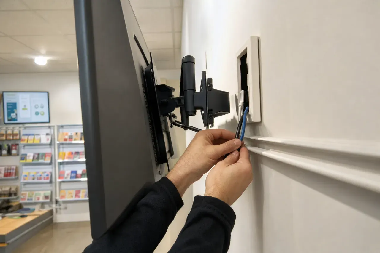 Montage in einem Geschäft: Ein Bildschirm hängt an der Wandhalterung, zwei Hände führen Netzkabel und Netzwerkkabel zu einer Unterputzsteckdose hinter dem Gerät