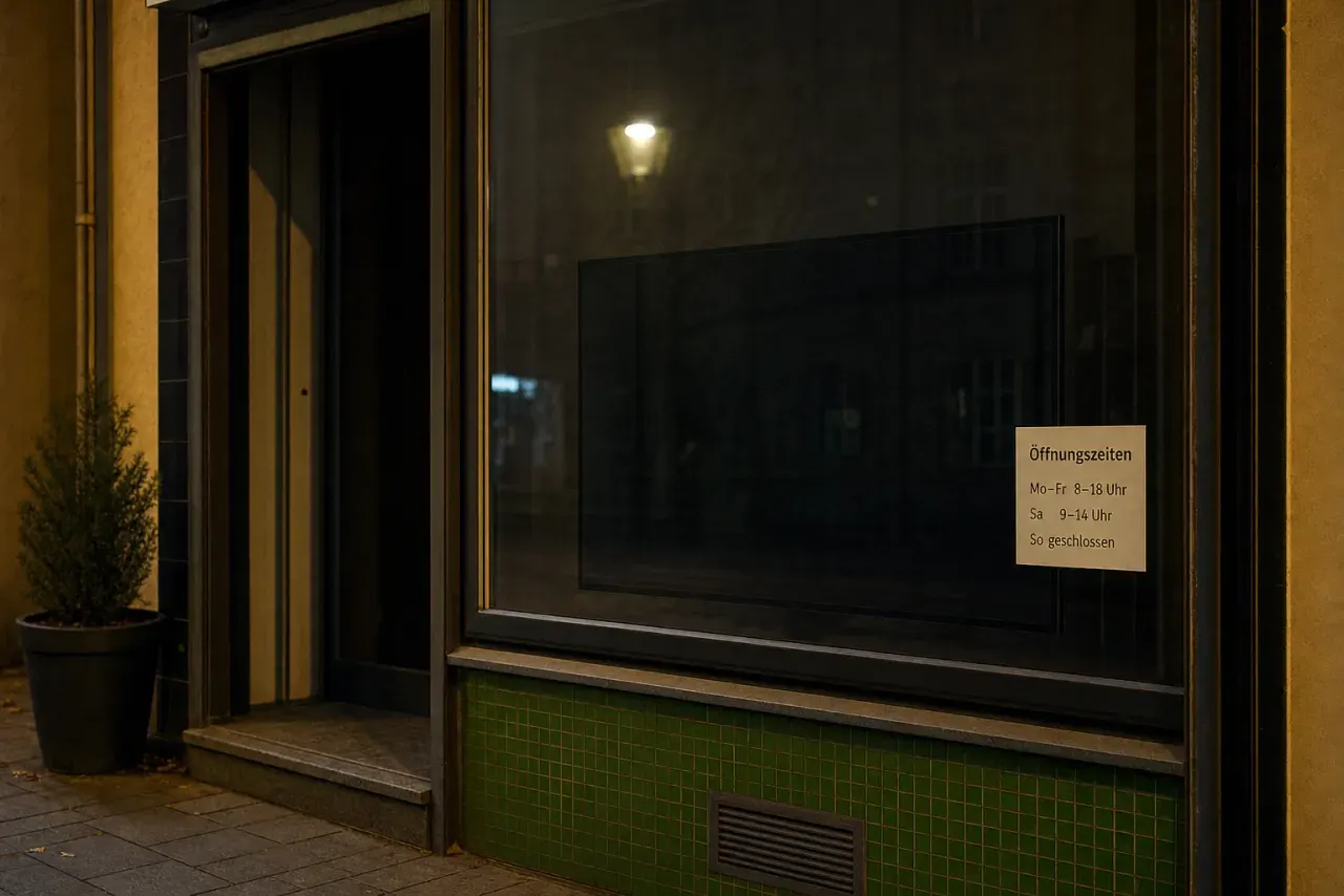 Schaufenster eines Geschäfts am späten Abend: der Bildschirm hinter der Scheibe ist ausgeschaltet, daneben ein Schild mit Öffnungszeiten, Straßenlicht spiegelt sich im Glas