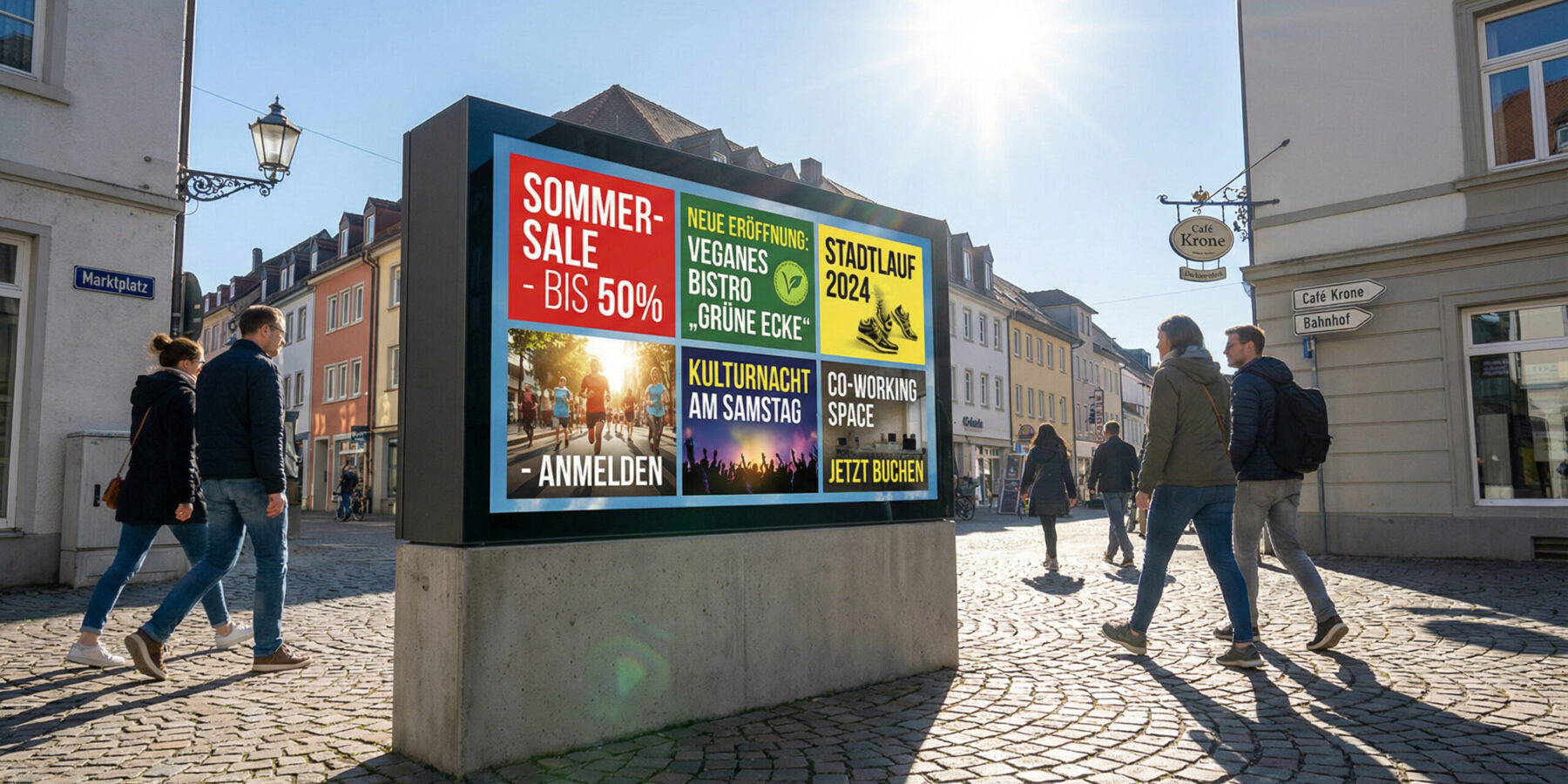 Informationen, die auffallen: in der Fußgängerzone und an der Fassade
