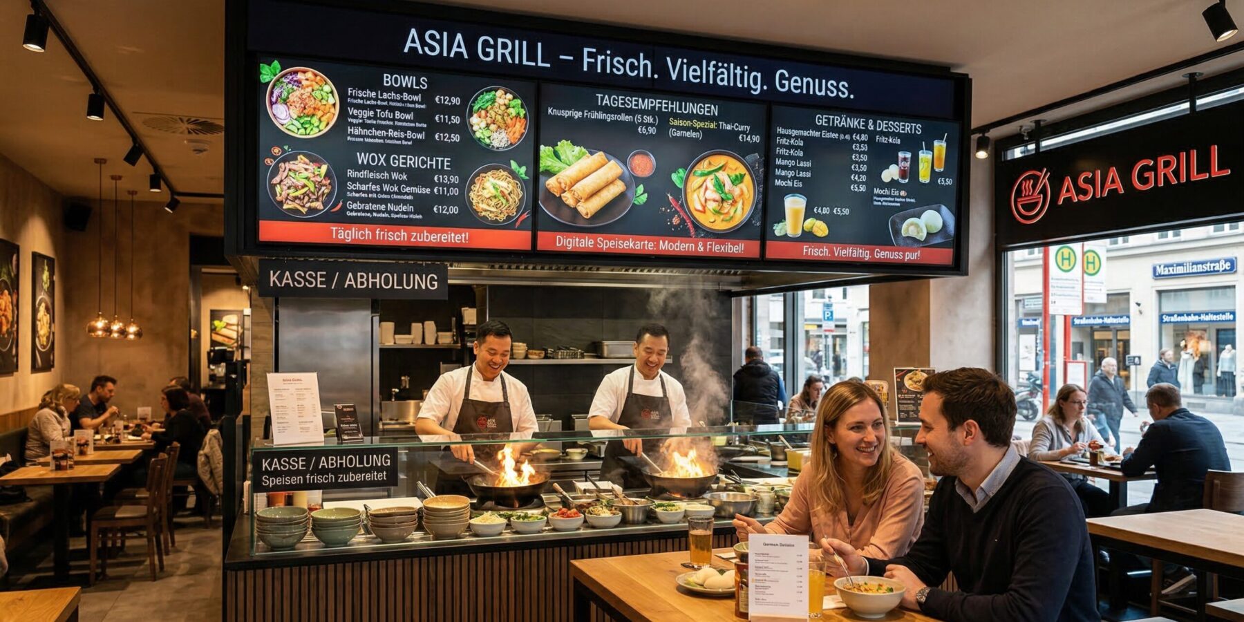 Digitale Menüanzeigen im Asia-Imbiss
